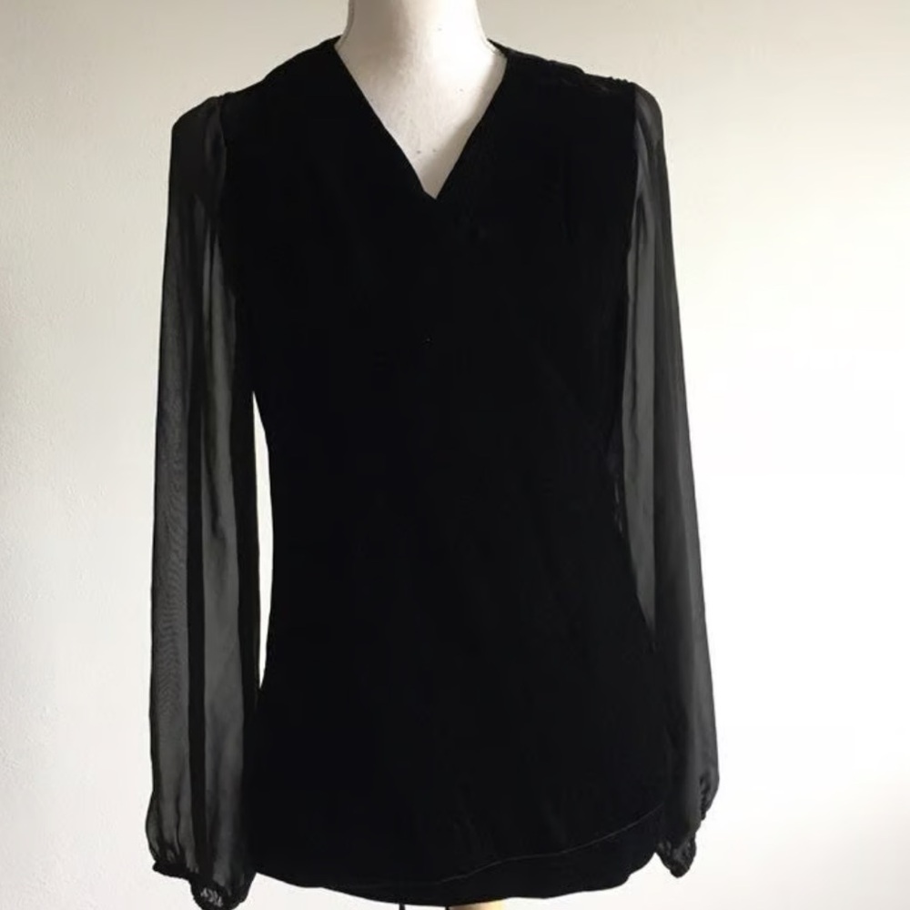 Velvet Top Sheer Sleeve V Neck Blouse Elegant Party Evening